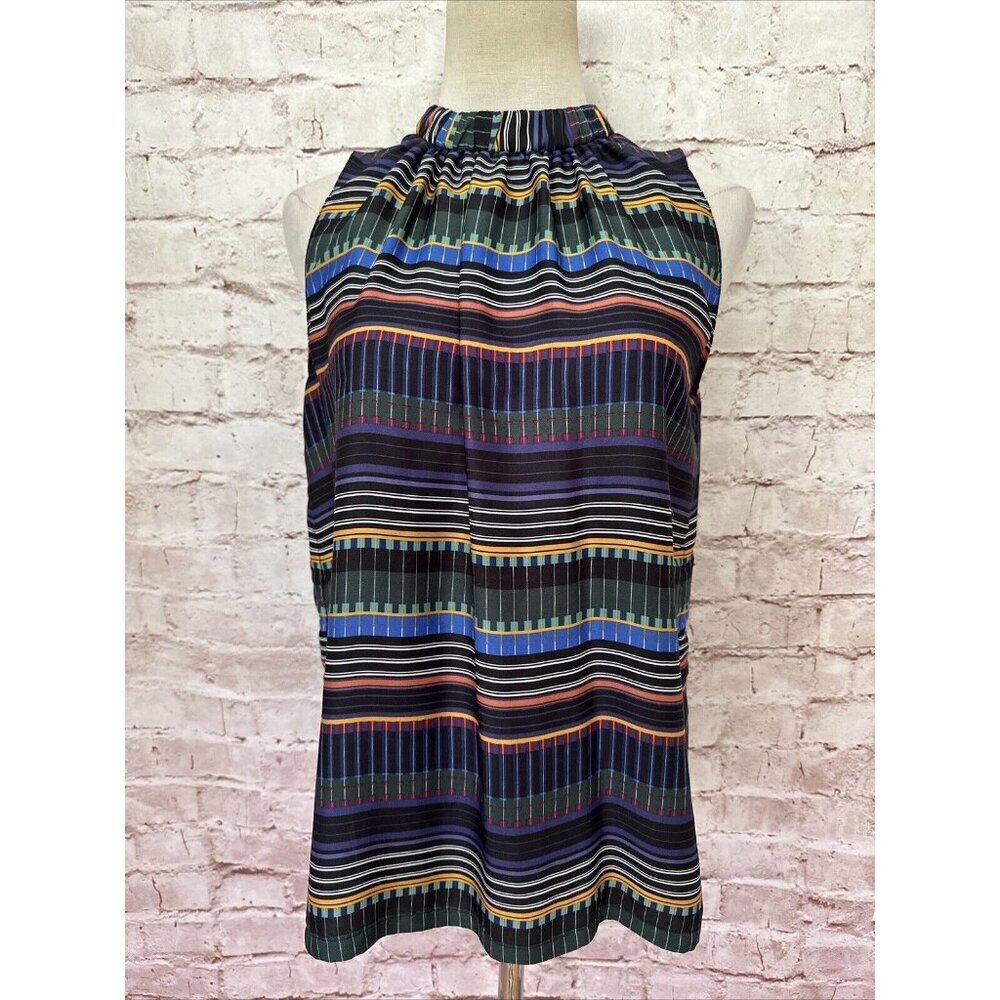 LOFT Womens Sleeveless Halter Top Blouse Tie Back Black Multicolor Stripe Size S